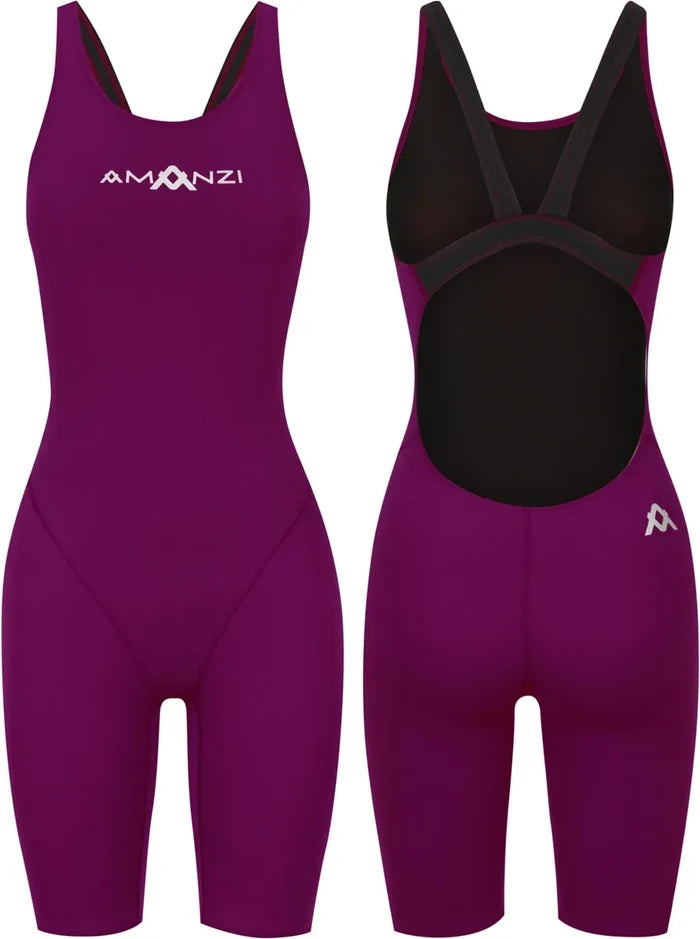 Amani girls' Bordeaux purple active kneesuit with long sleeves and zipper, designed for outdoor play and swimming.