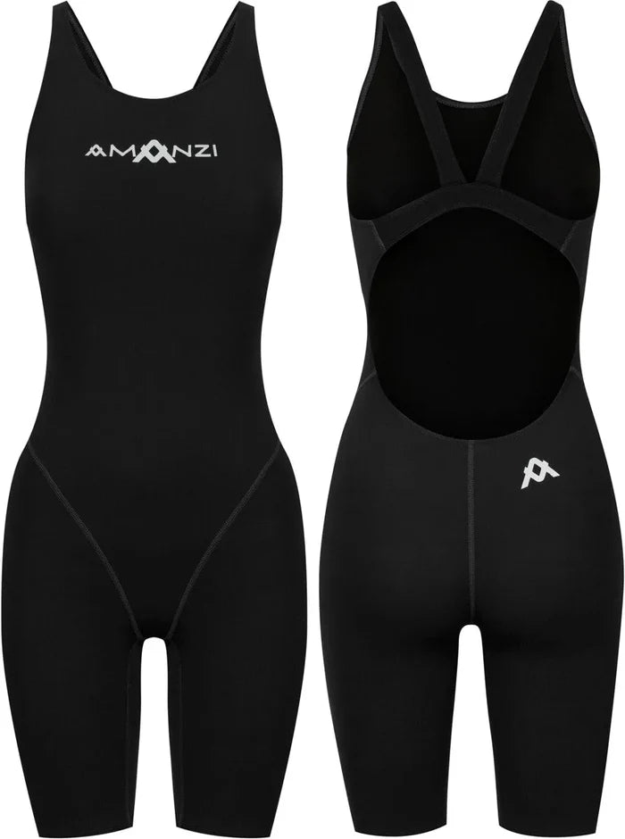 Amani Girls Jet Active Kneesuit in black, close-up showing sleek fabric and design for active swimwear or water sports.