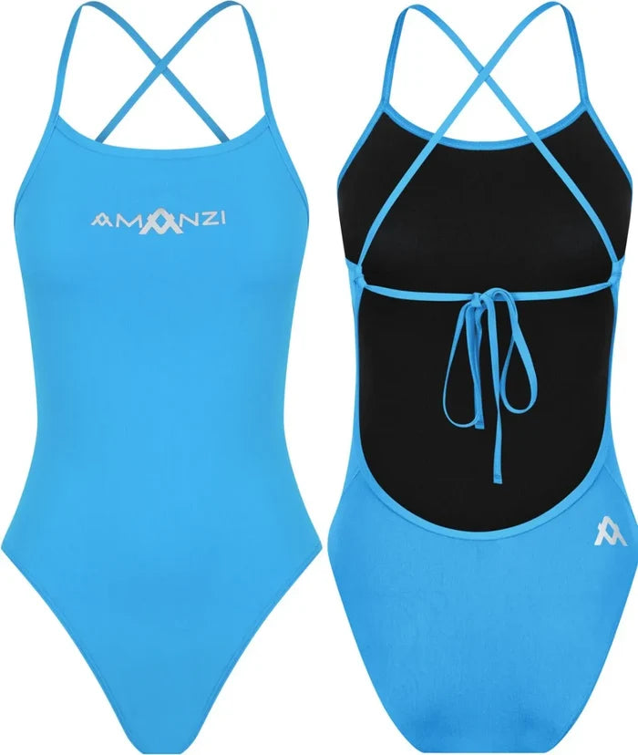 Amani Womens Atoll blue tie-back one-piece swimsuit, featuring a stylish design and comfortable fit, suitable for beach and pool wear.