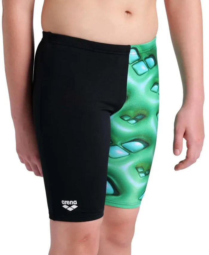 Arena boys' logo graphic swim jammer in black with soft green and multicolor accents, designed for boys' swimwear.