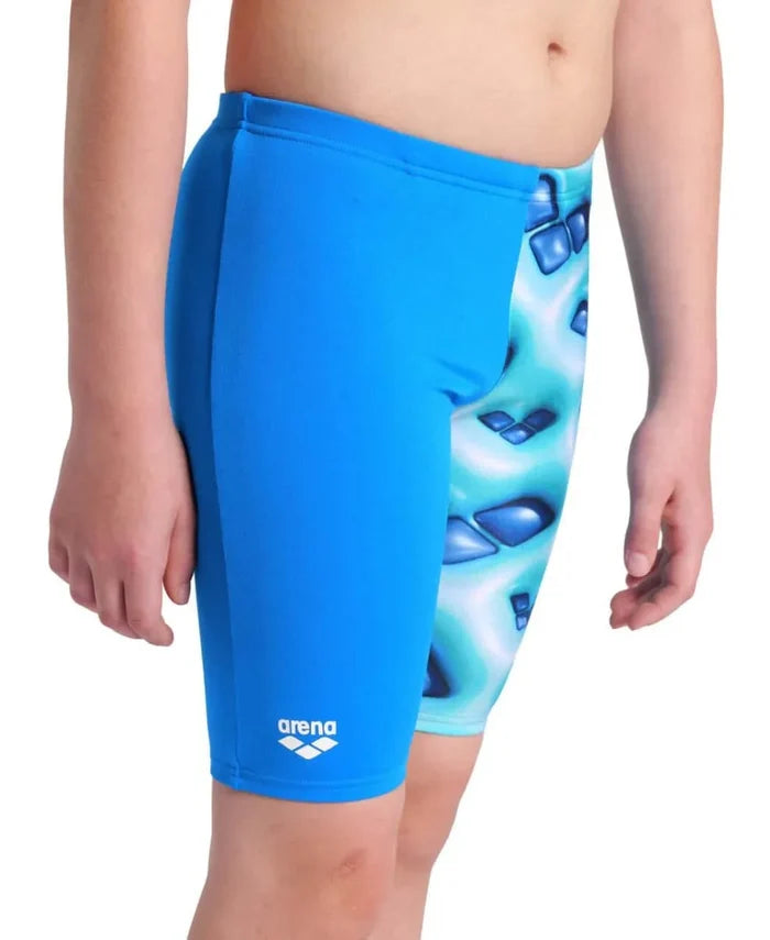 Arena boys' logo graphic swim jammer in blue River, water, and multi colors, featuring the Arena logo on the side.