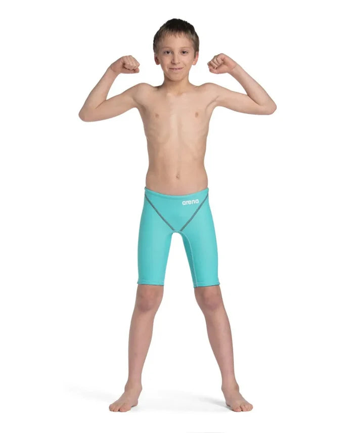 Arena Boys Powerskin ST Next Jammer in aquamarine, showcasing a sleek swim jammer designed for young swimmers.