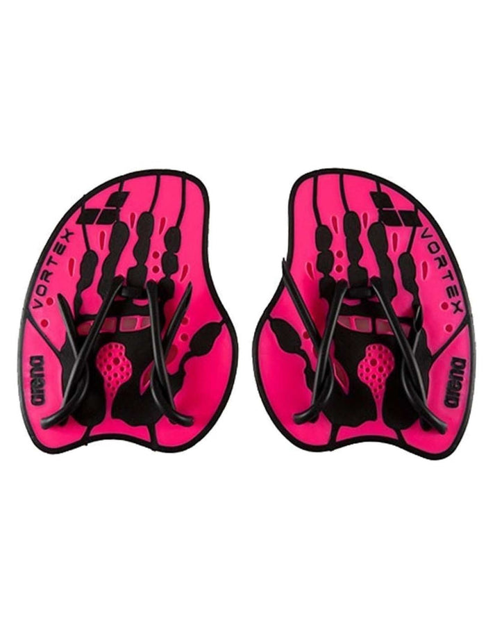Pink and black Arena Vortex Evolution hand paddles with textured grip
