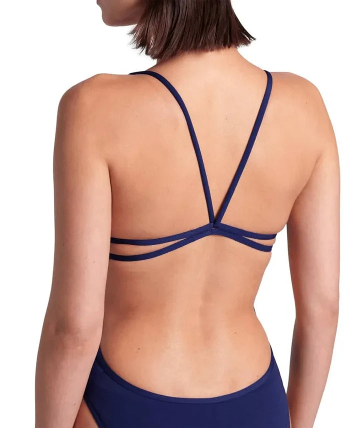 Navy Arena women's solid lace-back swimsuit with sleek design and supportive fit, perfect for swimming and water activities.