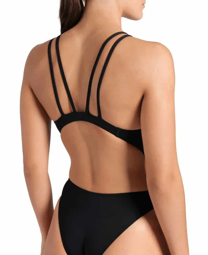 Black and white Arena women's solid tech back swimsuit showing a sleek, supportive design for competitive or recreational swimming.