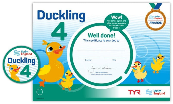 ASA Swim England Duckling Award Grade 4 certificate with colorful ducks and tyr logo on green background