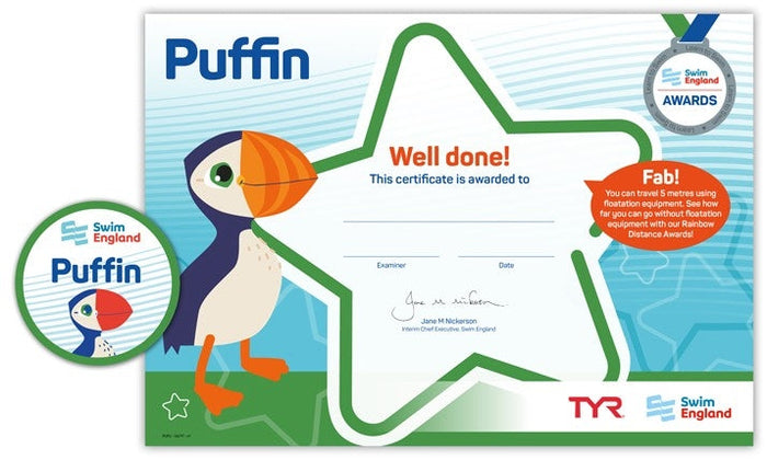 Colorful Puffin Award certificate with star border from ASA Swim England
