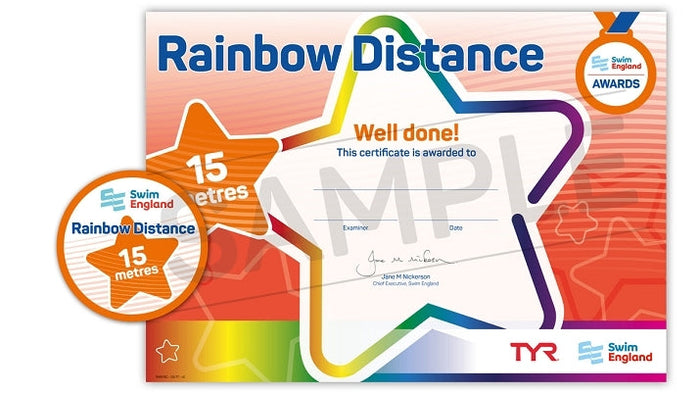 ASA Swim England rainbow distance 15m certificate with colorful star