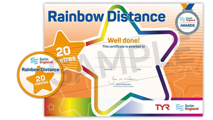 20m Rainbow Distance Certificate from Swim England with colorful star and Tyr branding
