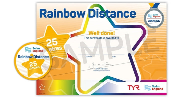 ASA Swim England rainbow distance award with colorful star and TYR logo