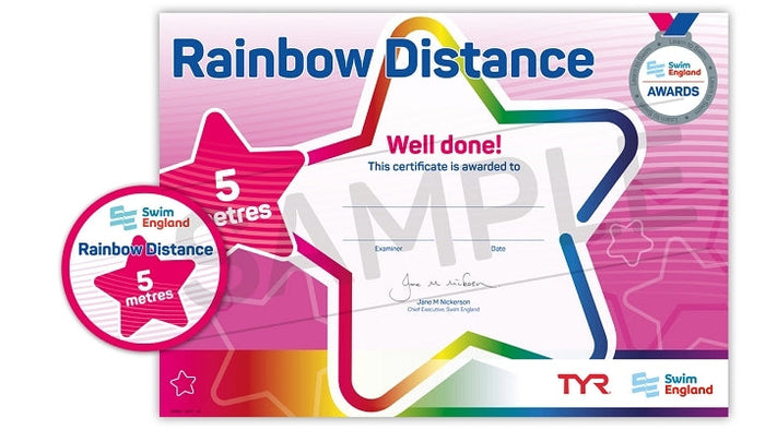 ASA Swim England Rainbow Distance Award 5M with colorful stars