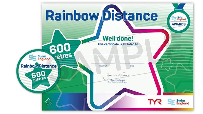 ASA Swim England rainbow distance medal with colorful star certificate