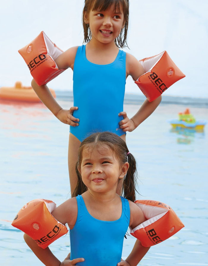 BECO orange baby arm bands with eco text, double chamber laminated foil