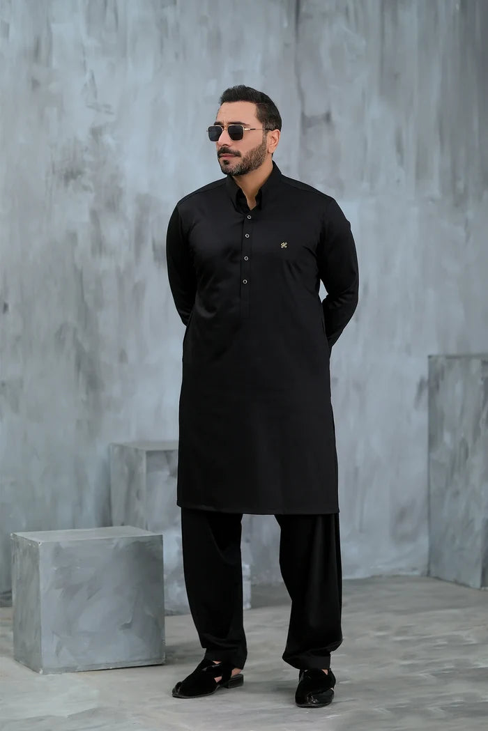 Black Cotton Satin Shalwar Kameez