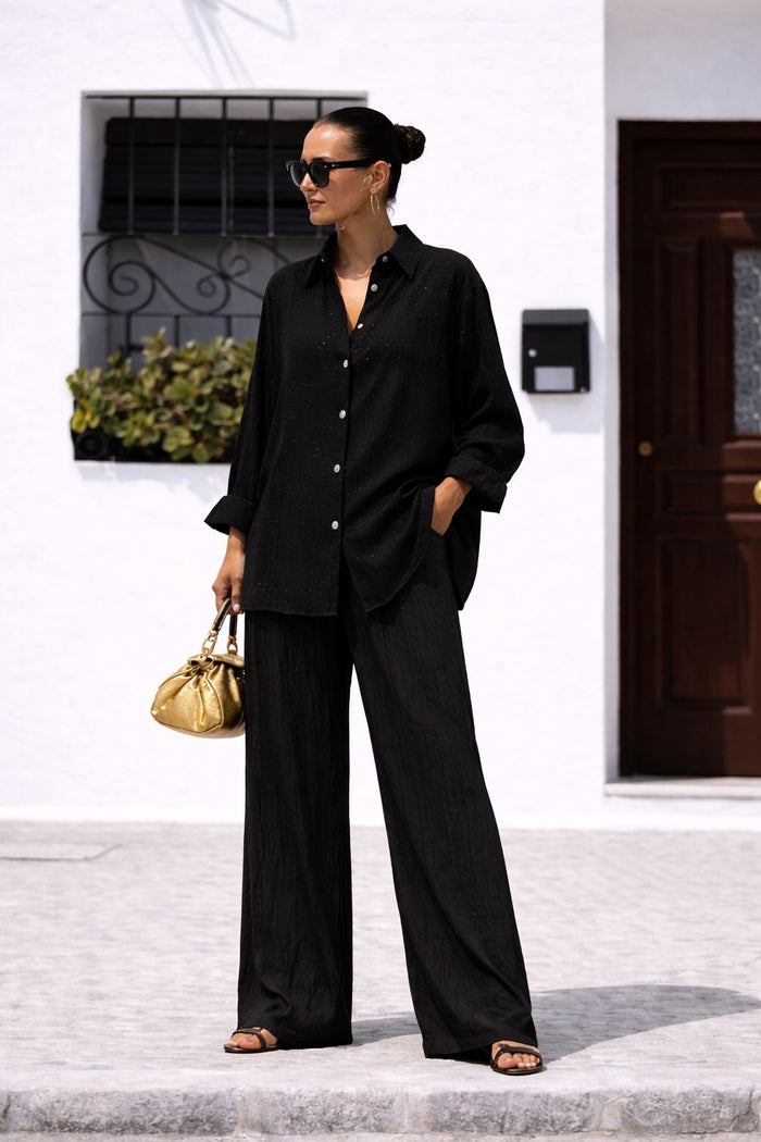 Black Viscose wrinkled Rhinestone Coord Set