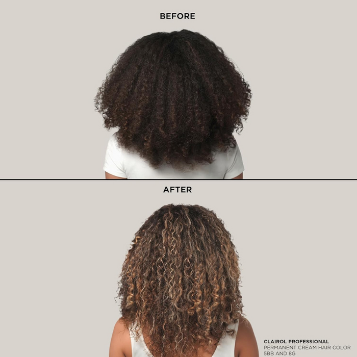Clairol before and after curly hair transformation showing lighter highlights using BW2+ dedusted powder lightener