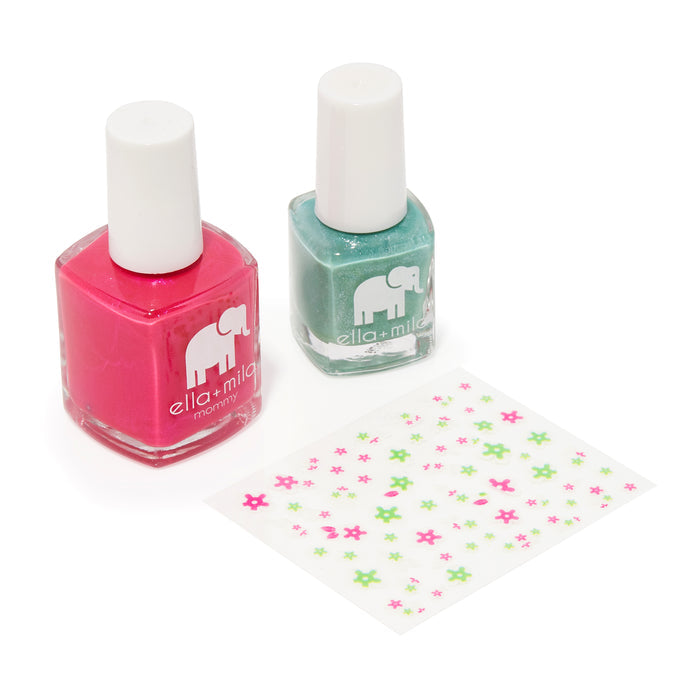 Mommy & Me Cosmo Pink and Glitter Me Green bottles with nail art stickers