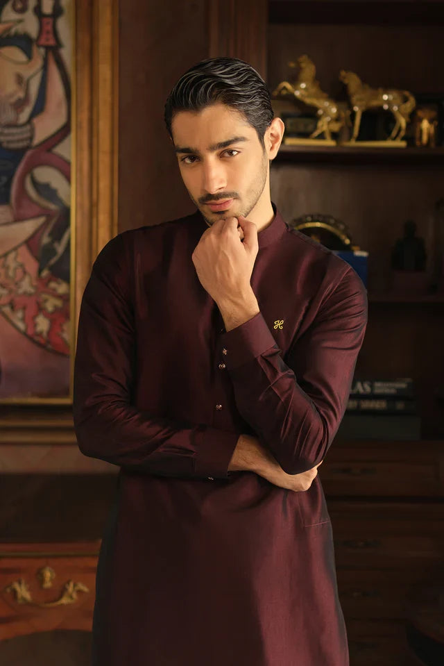 DARK MAROON TWO TONE WASH N WEAR KURTA PAJAMA