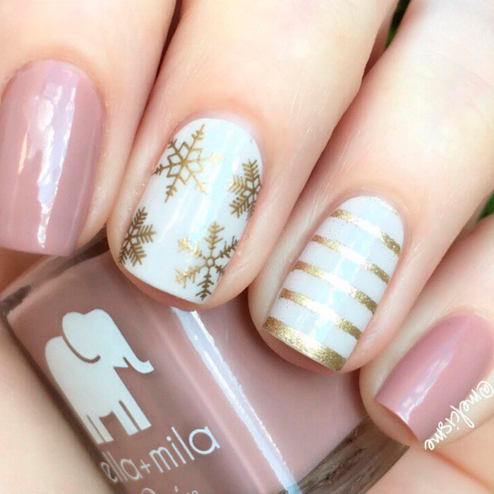 Desert Suede nude nail polish with gold foil and stripe accent nail art