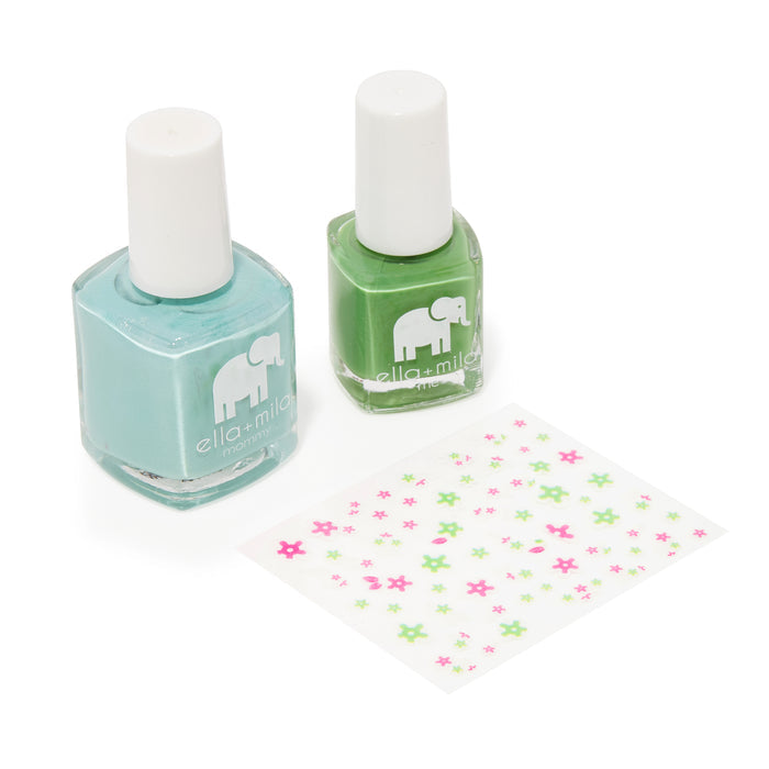 Mommy & Me Don't Be Blue and Tropical Jungle bottles with nail art stickers