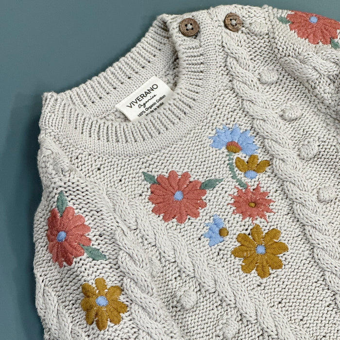 Floral Embroidered Chunky Knit Baby Pullover Sweater (Organic Cotton)