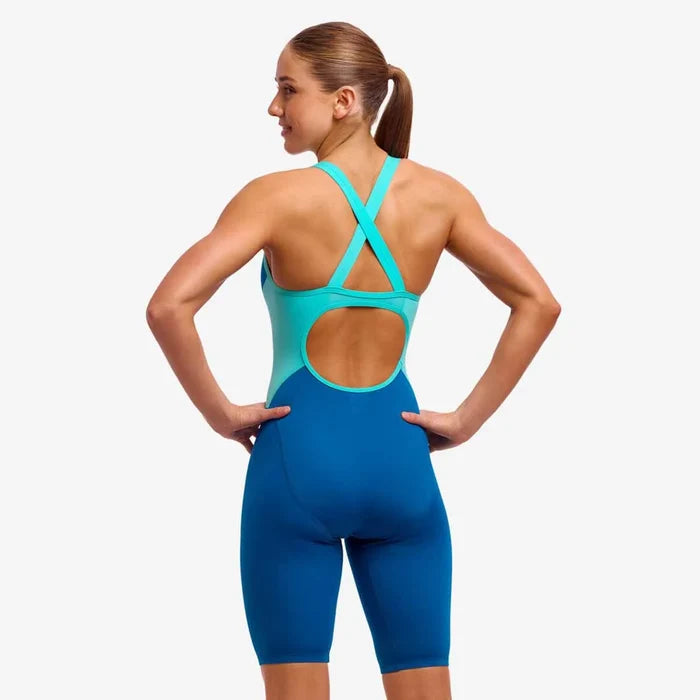 Funkita Ladies Ocean Racer fast training one-piece kneesuit in blue and green, designed for competitive swimming.