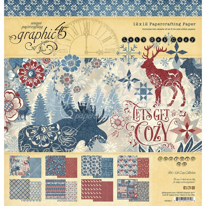 Graphic 45 - Double-Sided Paper Pad 12"X12" - 16/Pkg - Let's Get Cozy. The perfect addition to all your paper crafting projects! Package includes: 16 double-sided 12x12 inch sheets; 2 each of 8 designs. Cover-weight papers are acid and lignin free. Available at Embellish Away located in Bowmanville Ontario Canada