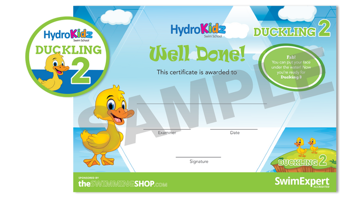 HydroKidz Duckling Stage 2 Award certificate with yellow blue cartoon duck design