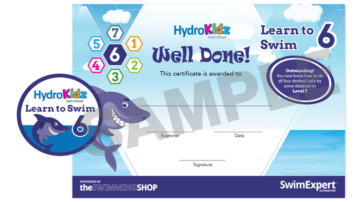 HydroKidz Learn To Swim Award Stage 6 blue shark certificate with white yellow numbers