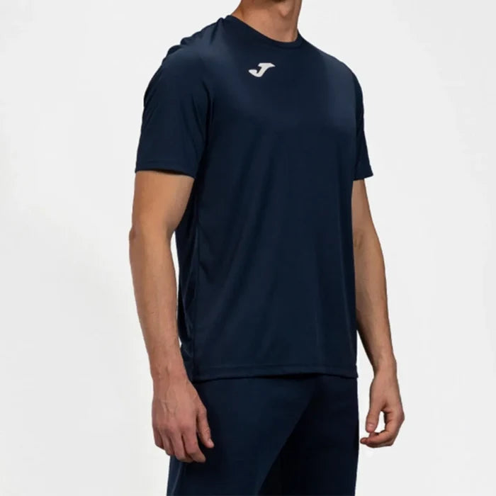 Joma men's dark navy Combi T-shirt, casual wear, short-sleeve cotton shirt with crew neckline, styled on a model.