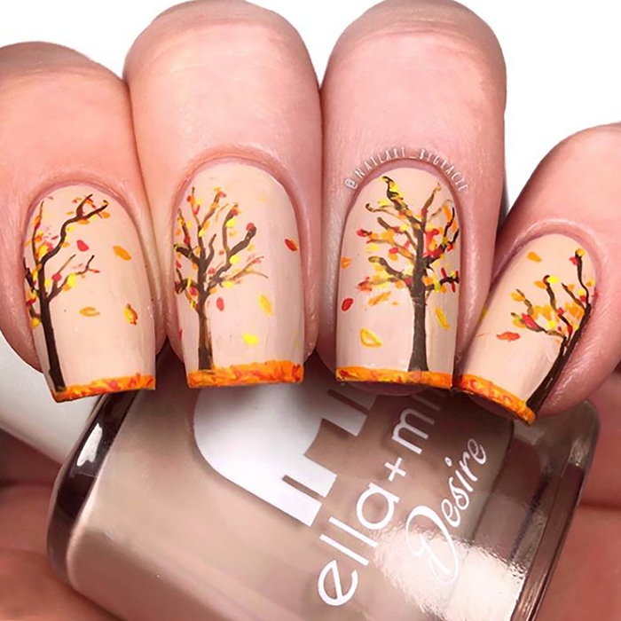 Light to the Touch nude nail polish with autumn tree nail art