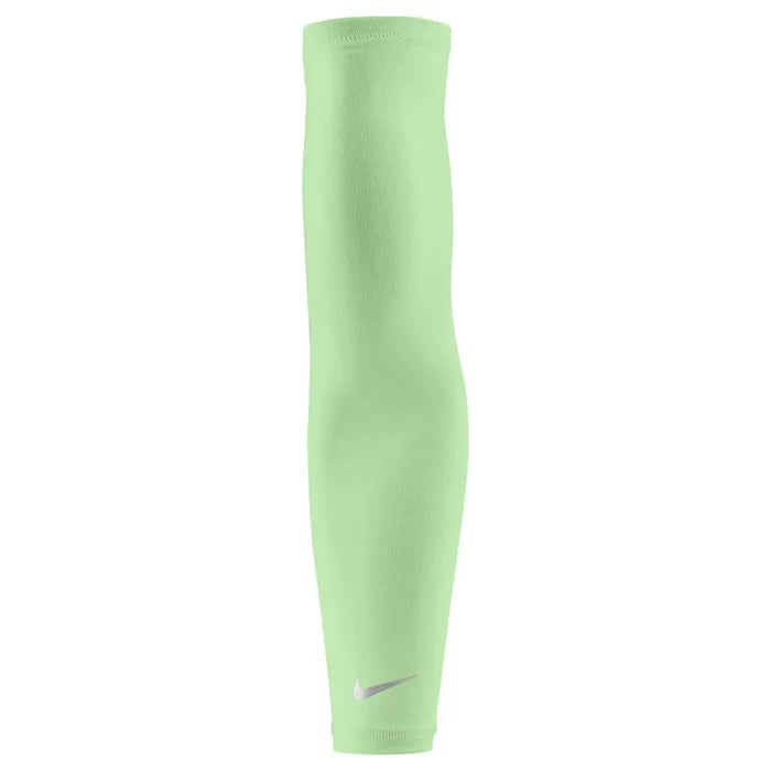 Nike Lightweight Sleeves 2.0 in Vapor Green and Silver, close-up of Nike arm sleeves showing breathable fabric and snug fit.