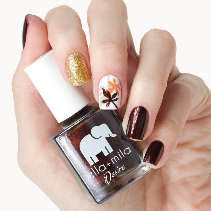 Lip Stain burgundy nail polish with gold and floral accent nail art