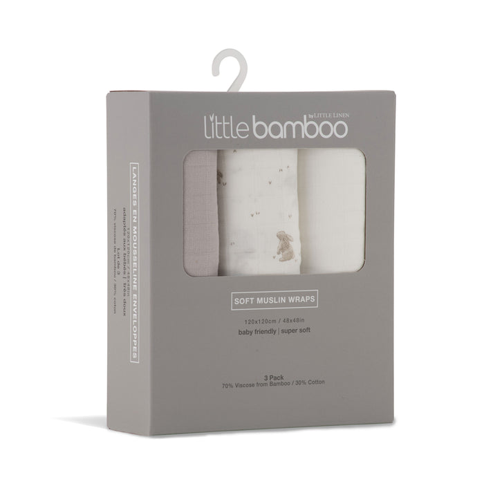 Little Bamboo Muslin Wrap 3pk - Stone Grey