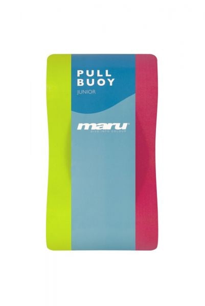 Brightly coloured junior Maru pull buoy in pink lime with rounded foam stripes