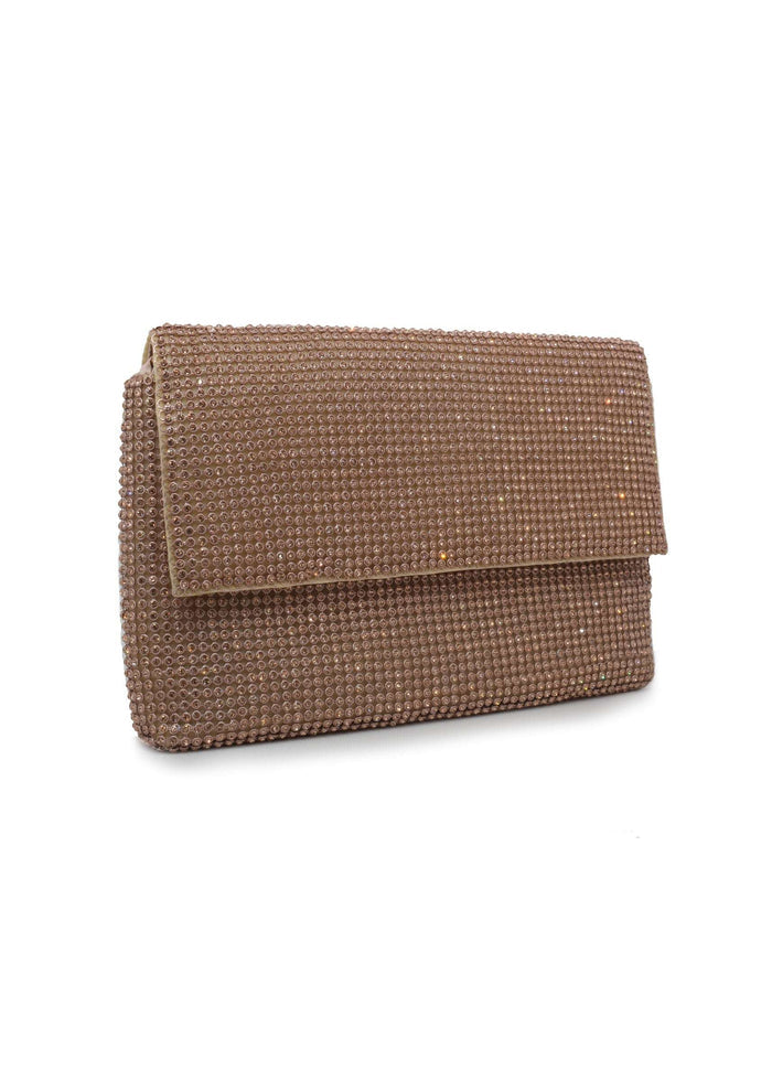 Rose gold clutch bag covered in shimmering diamantes with a fold-over flap, perfect for evening events and special occasions.