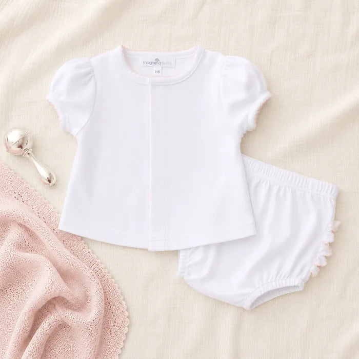 MB Solid Essentials White Ruffle Diaper Set w/ Pink Trim