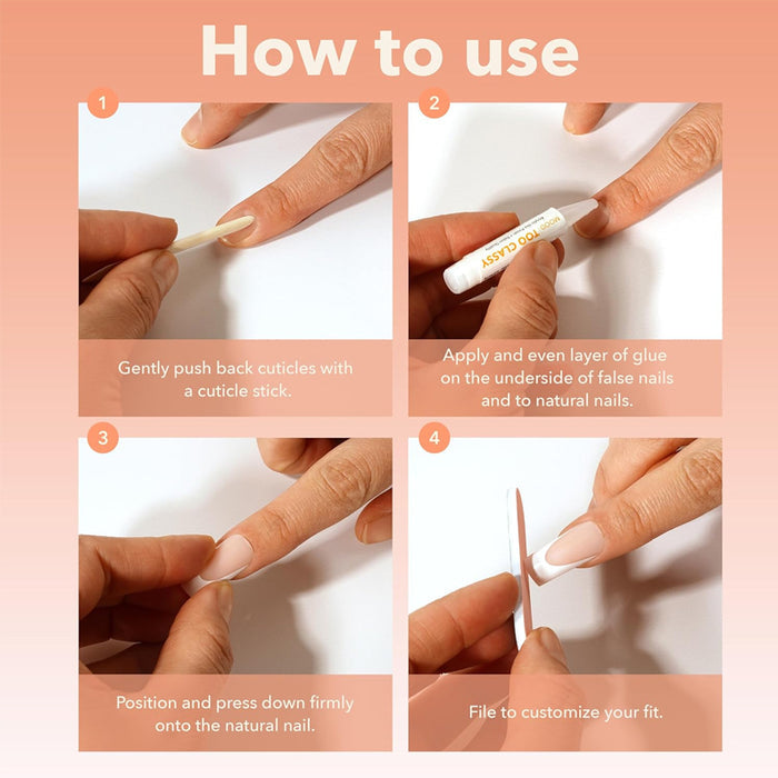 EBIN 3D nude press on nails application steps showing cuticle push glue application press and file