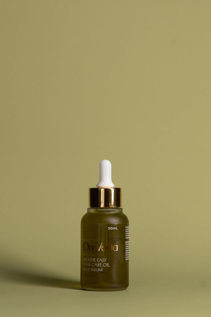 OmVeda Breathe Easy ayurvedic oil bottle, 50 ml, dark green glass dropper