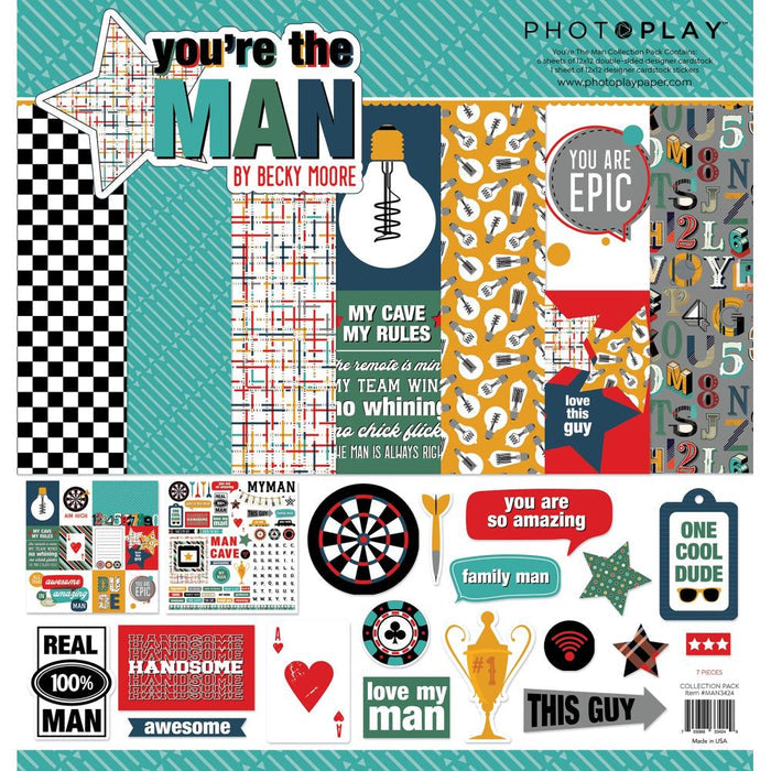 PhotoPlay - Collection Pack 12"X12" - Your The Man. This mini collection pack contains six sheets of 12x12 inch double-sided 65# cardstock (two each of six designs) and one 12x12 inch cardstock sticker sheet. Acid and lignin free. Made in the USA. Available at Embellish Away located in Bowmanville Ontario Canada.