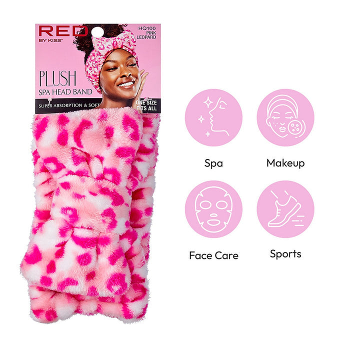 RED BEAUTY by KISS pink leopard print plush spa headband packaged with model photo and spa makeup face care icons