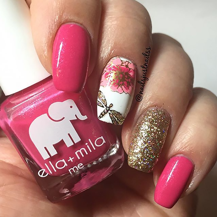 Pretty Princess hot pink nail polish with floral and gold glitter accent nails