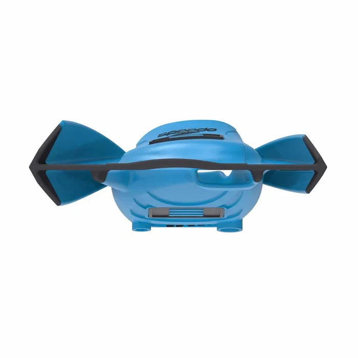 Blue Speedo DMC Elite Max fins, designed for swimming, with adjustable foot pockets and streamlined fin blades for powerful kicks.