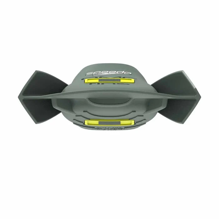 Green Speedo DMC Super Fins for swimming, made of durable material, shown in a close-up image highlighting their design and size.