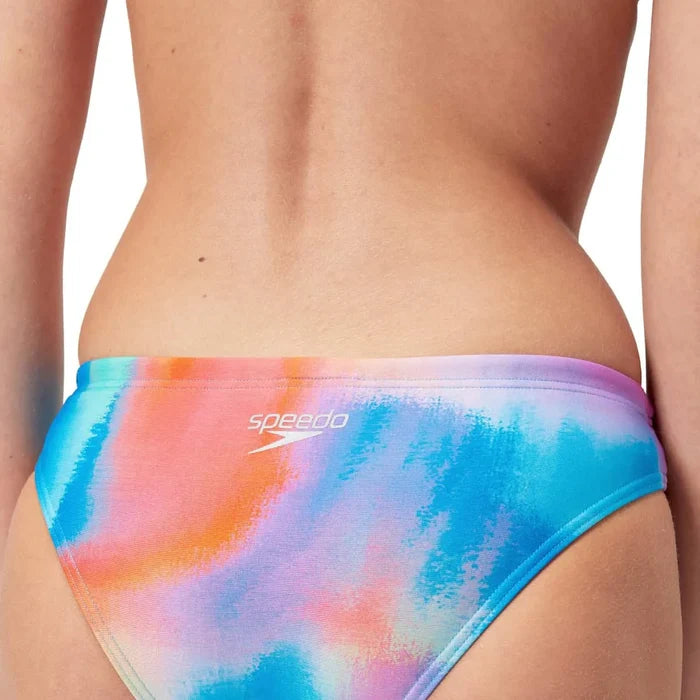 Speedo women's allover digital hipster briefs in Kiki Pink, Lemon Drizzle, and Picton Blue, featuring vibrant, colorful design.