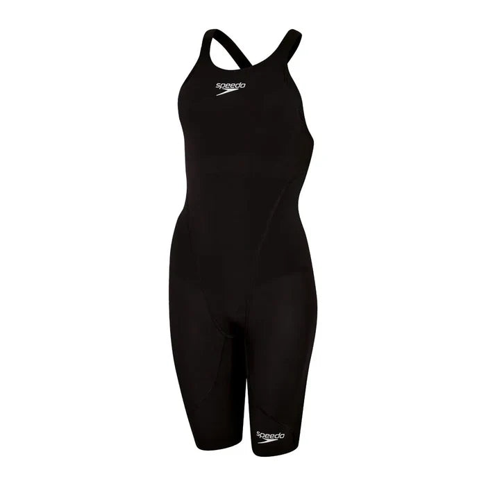 Speedo Women's Fastskin LZR Ignite black kneeskin wetsuit, close-up view showing sleek design and fitted fabric for competitive swimming.