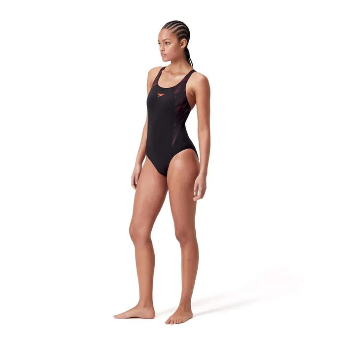 Speedo women's HyperBoom Splice muscleback swimsuit in black, plum dandy, and siren red, designed for swimming and training.