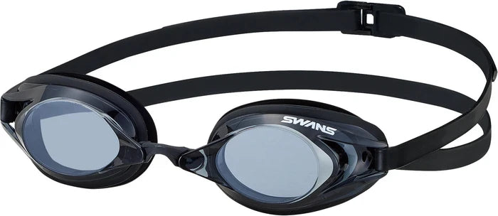 Swans Racing Prescription Optics swimming goggles in black with clear lenses, designed for comfortable, corrective swimwear.