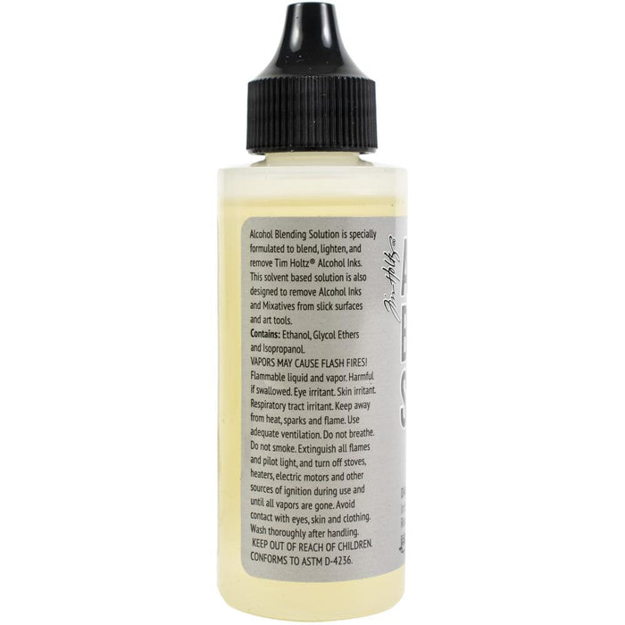 Tim Holtz - Alcohol Ink Blending Solution - 2oz - Uncarded. Alcohol blending solution is specially formulated to blend, lighten and remove Tim Holtz® Alcohol Inks. A solvent based solution designed to remove Alcohol Inks and Mixatives from slick surfaces and art tools. Available at Embellish Away located in Bowmanville Ontario Canada.