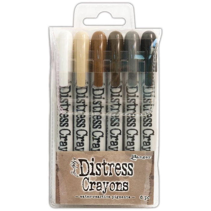 Ranger-Tim Holtz Distress Crayon Set: Set #3. Ranger-Tim Holtz Distress Crayon Set: Set #3. These crayons are formulated to achieve vibrant coloring effects on porous surfaces for mixed media. Ideal for creating brilliant backgrounds, watercoloring, smudge effects and more! This package contains six 5-1/4 inch long water-reactive pigment crayons in assorted colors. Non-toxic. Conforms to ASTM D4236. Imported. Available at Embellish Away located in Bowmanville Ontario Canada. Includes: Antique Li